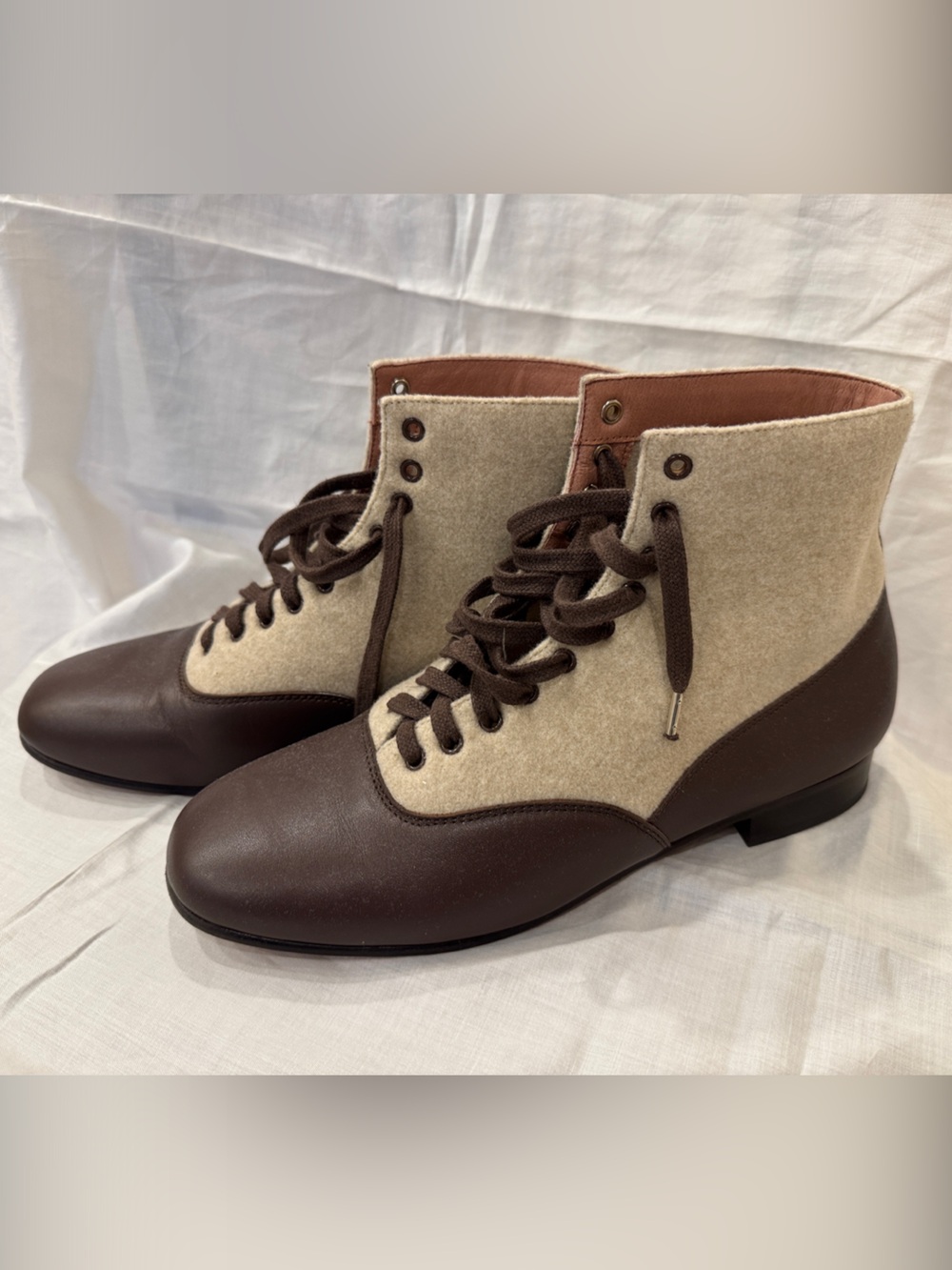 Women’s Two-Tone Brown and Cream Lace-Up Boots- American Duchess size 8